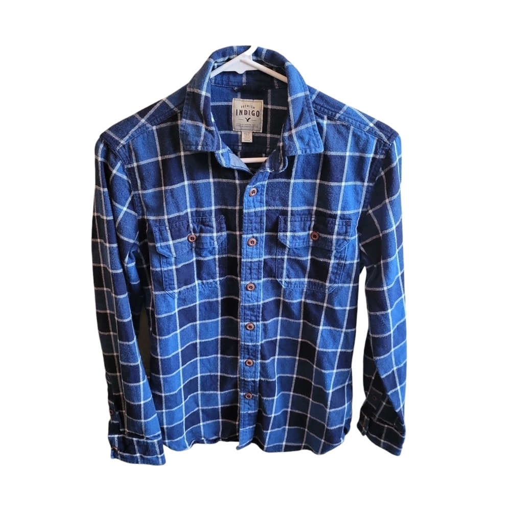 American Eagle Premium Indigo Flannel Shirt Blue Plaid Size X-Small Button Up